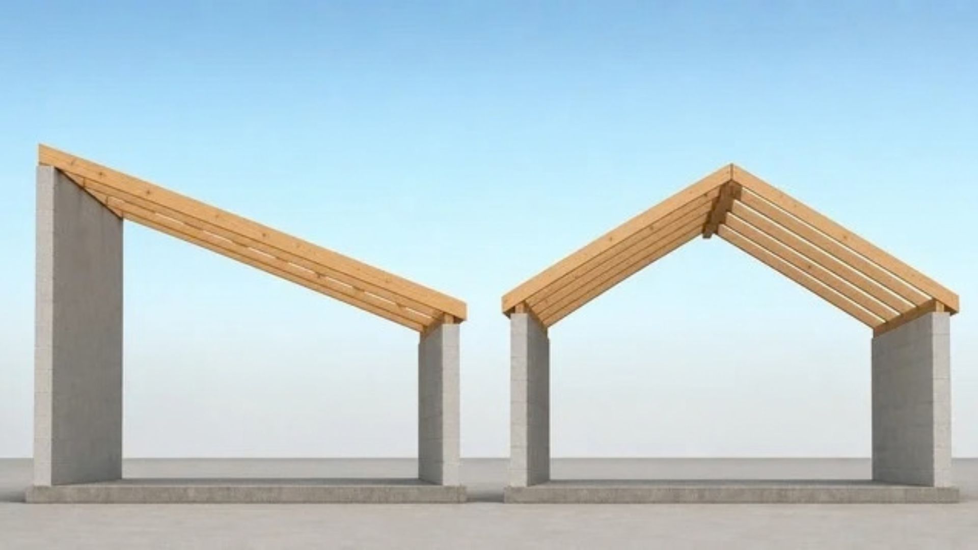 Cutaway of two wood roof frames, one with a single rafter across the full width and one with two rafters meeting at a ridge.