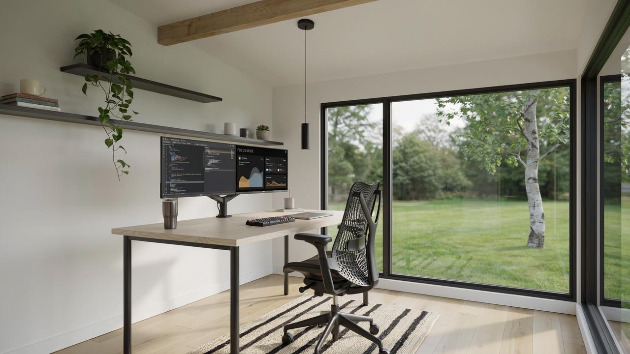 Modern home office inside a 12x16 shed.