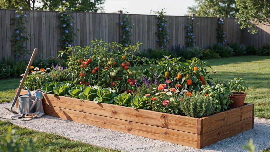 Cypress raised garden bed filled with leafy vegetables and herbs in a sunny backyard with natural wood grain visible.