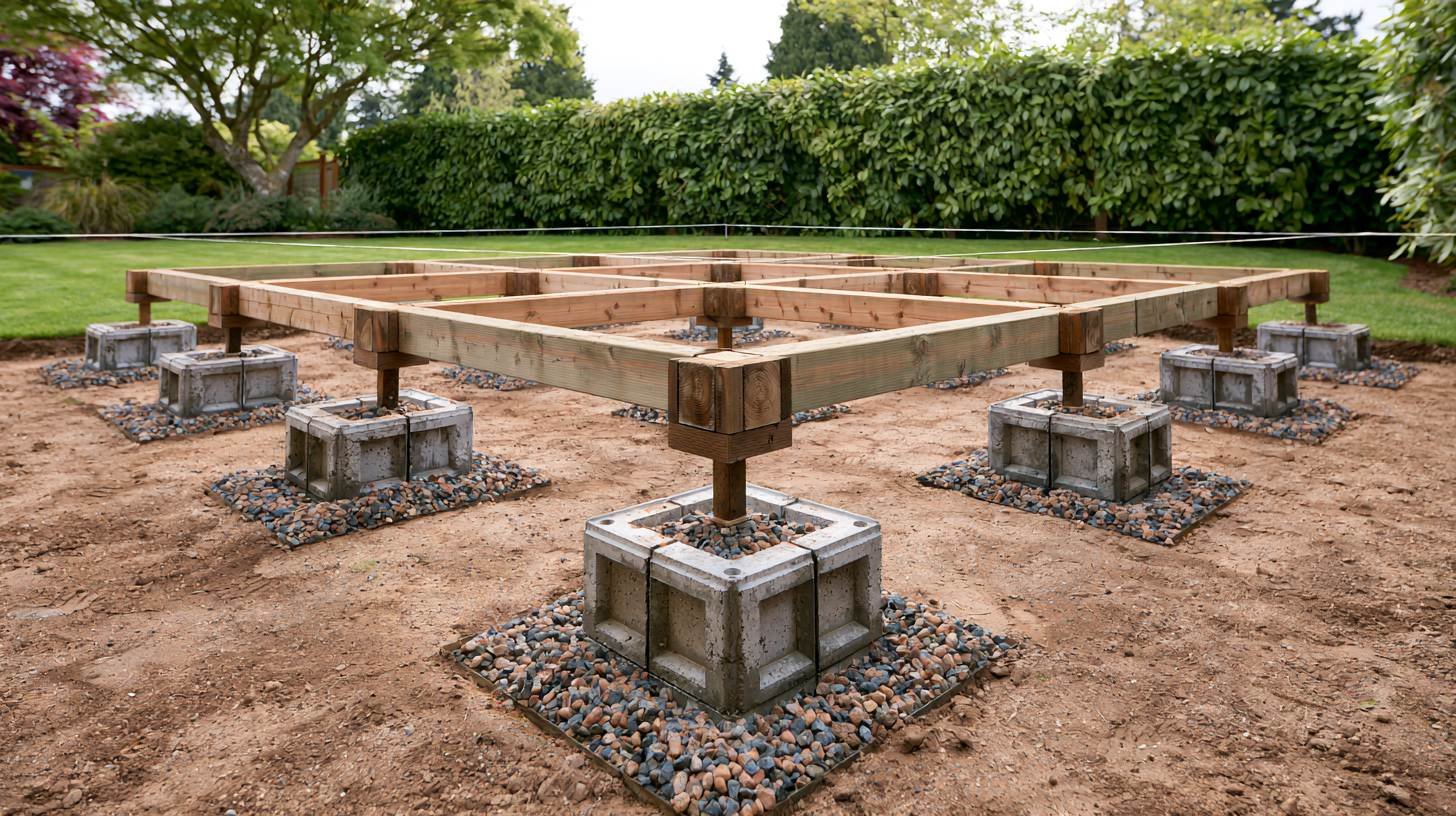 Concrete pier blocks with gravel pads supporting a wooden shed frame on cleared ground.