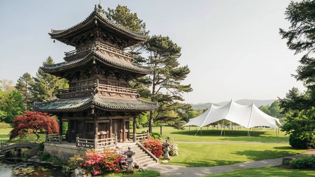 Traditional Asian pagoda with tiered roofs and a modern pagoda tent in a landscaped outdoor setting.