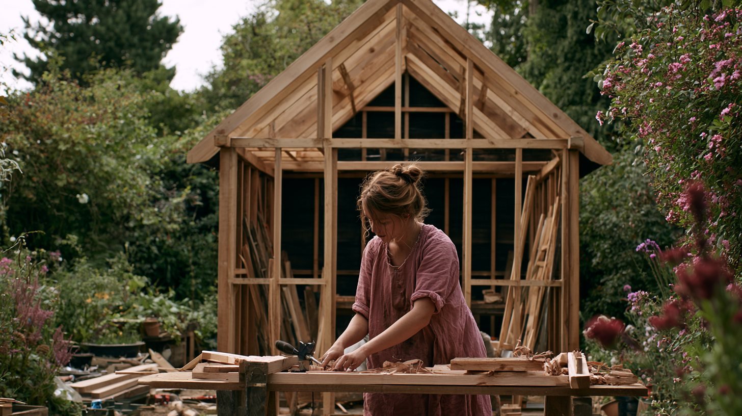 Woman working at a bench in front of a timber shed frame in a garden.