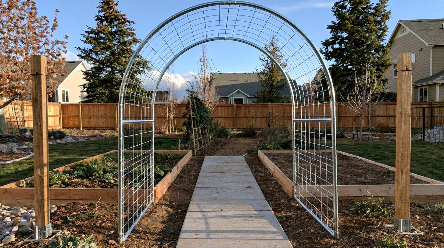 Standard cattle panel arch installed between two T-posts in a backyard garden.