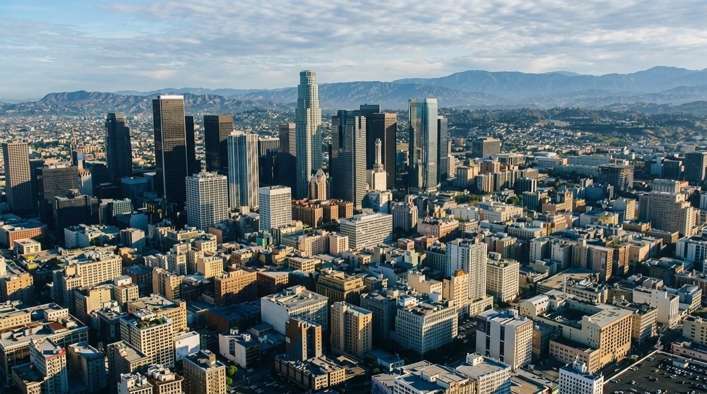Aerial view of Los Angeles downtown skyline with tall buildings and mountains under cloudy sky.