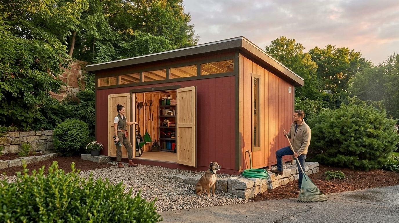 Couple with dog outside red garden shed holding tools with open doors at sunset.
