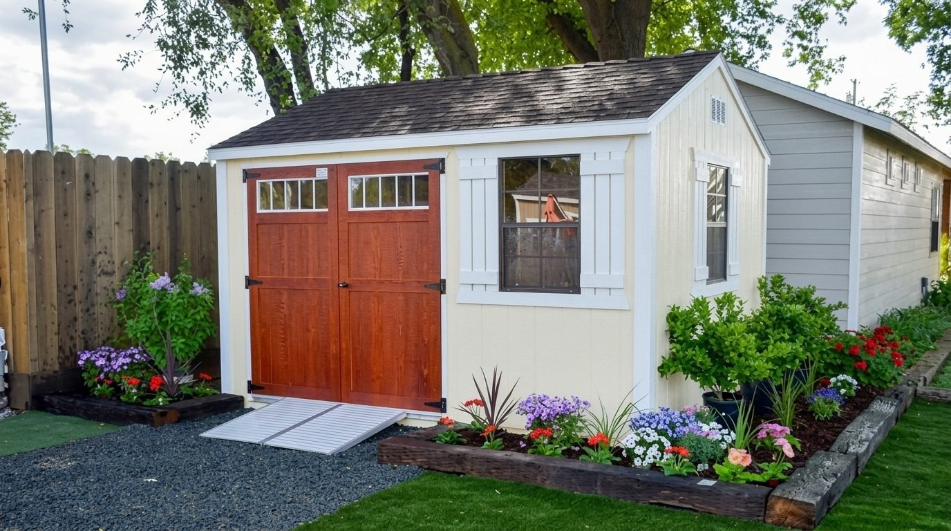 White backyard shed with wood doors, window, and colorful flower beds along green grass.