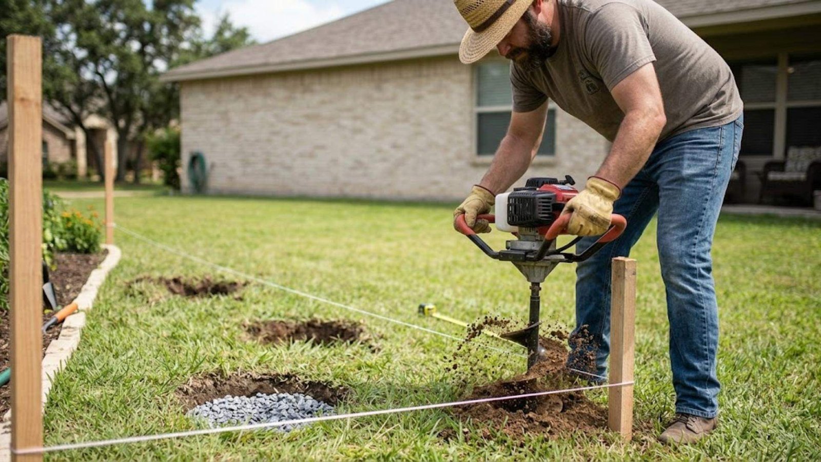 A person uses a power auger to dig post holes in a grassy yard along a taut layout string.