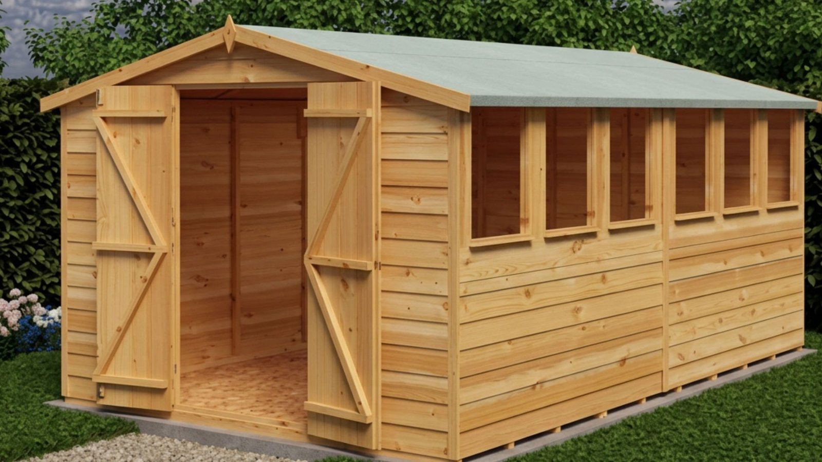 Empty wooden shed with open double doors, side windows, and gable roof in garden.