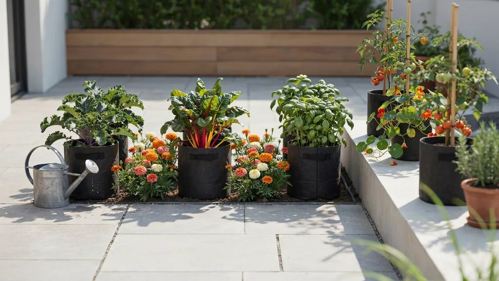 Black fabric raised garden beds filled with healthy vegetables, herbs, and colorful flowers on a patio garden.