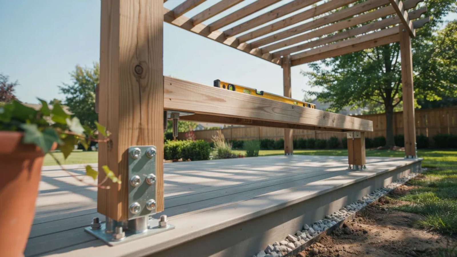Raised wooden deck with pergola posts in galvanized anchors, support beam with yellow level, potted plant foreground, sunny yard.