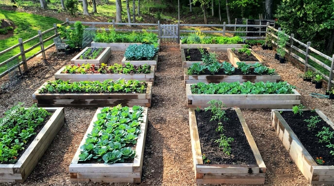 Wooden raised garden beds filled with leafy vegetables in a fenced backyard garden surrounded by trees and a grassy hillside.