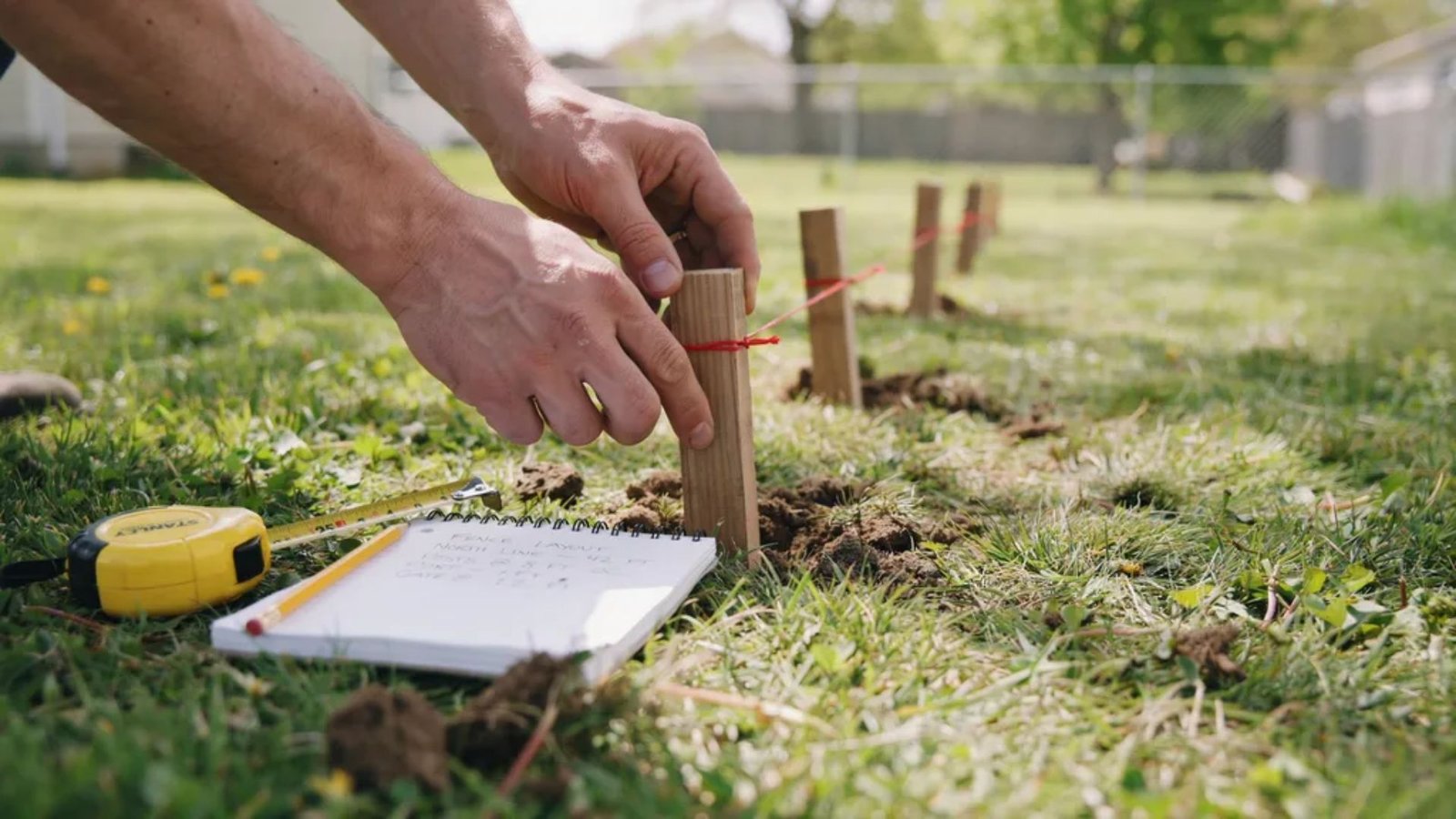 marking the layout for a no dig pallet fence with stakes and string.
