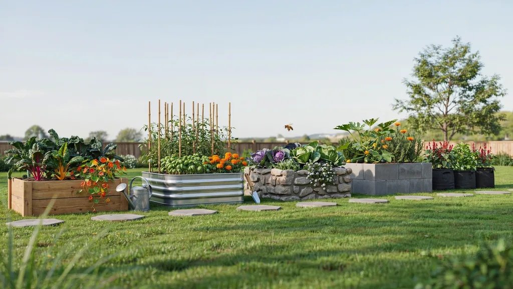 Raised garden beds made from wood, galvanized steel, stone, concrete, and fabric with vegetables and colorful flowers growing.