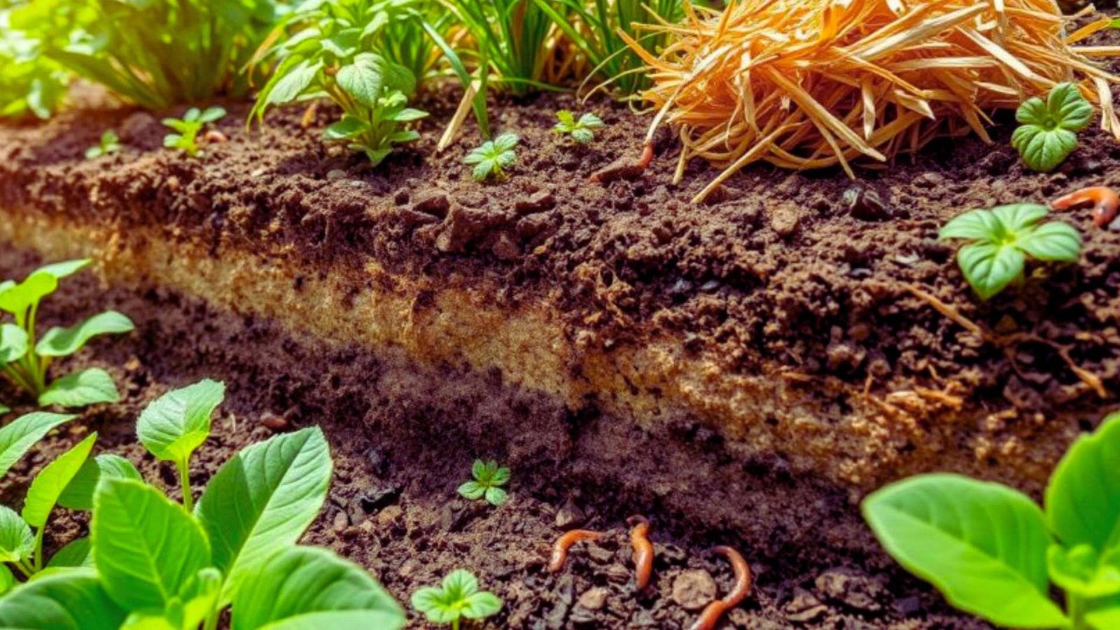 Close-up of healthy garden soil layers with earthworms, seedlings, and straw mulch