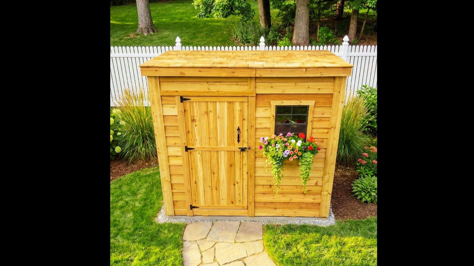 A small wooden garden storage shed with a window flower box, shingled roof, and stone pathway in a grassy yard.