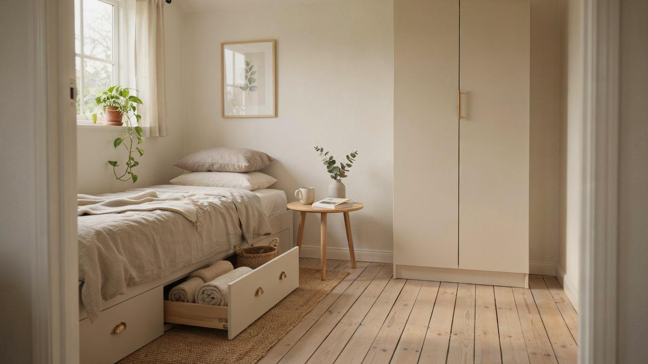 Guest room inside a 12x16 shed with smart storage.