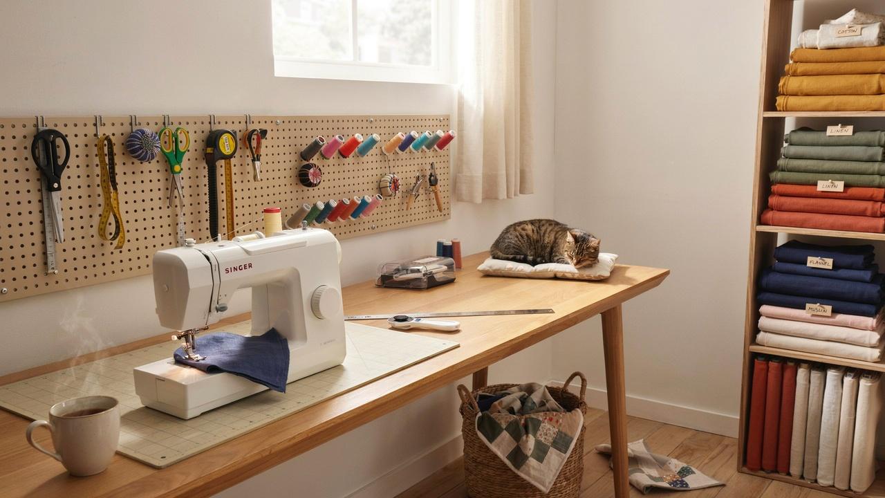 Creative craft room inside a backyard shed.