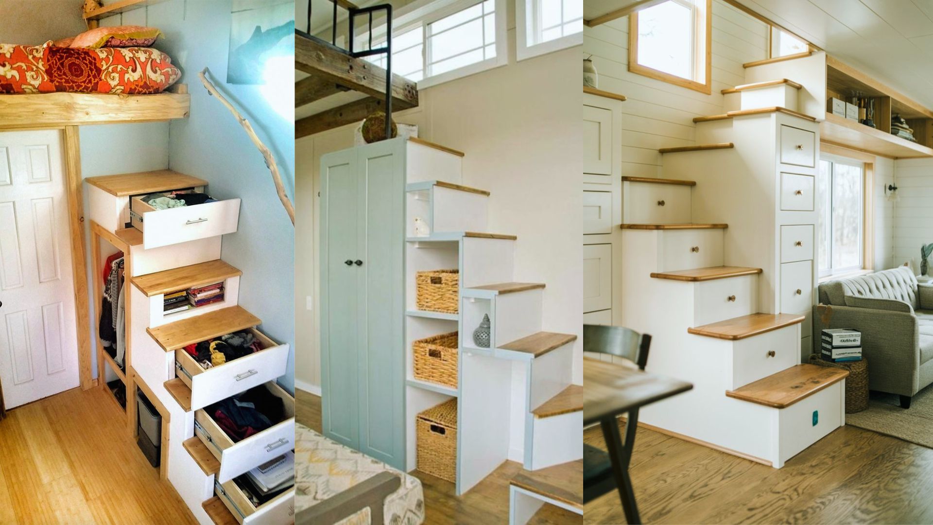 Smart storage ideas for tiny shed homes - loft staircase with built-in drawers, shelves and baskets for clothes