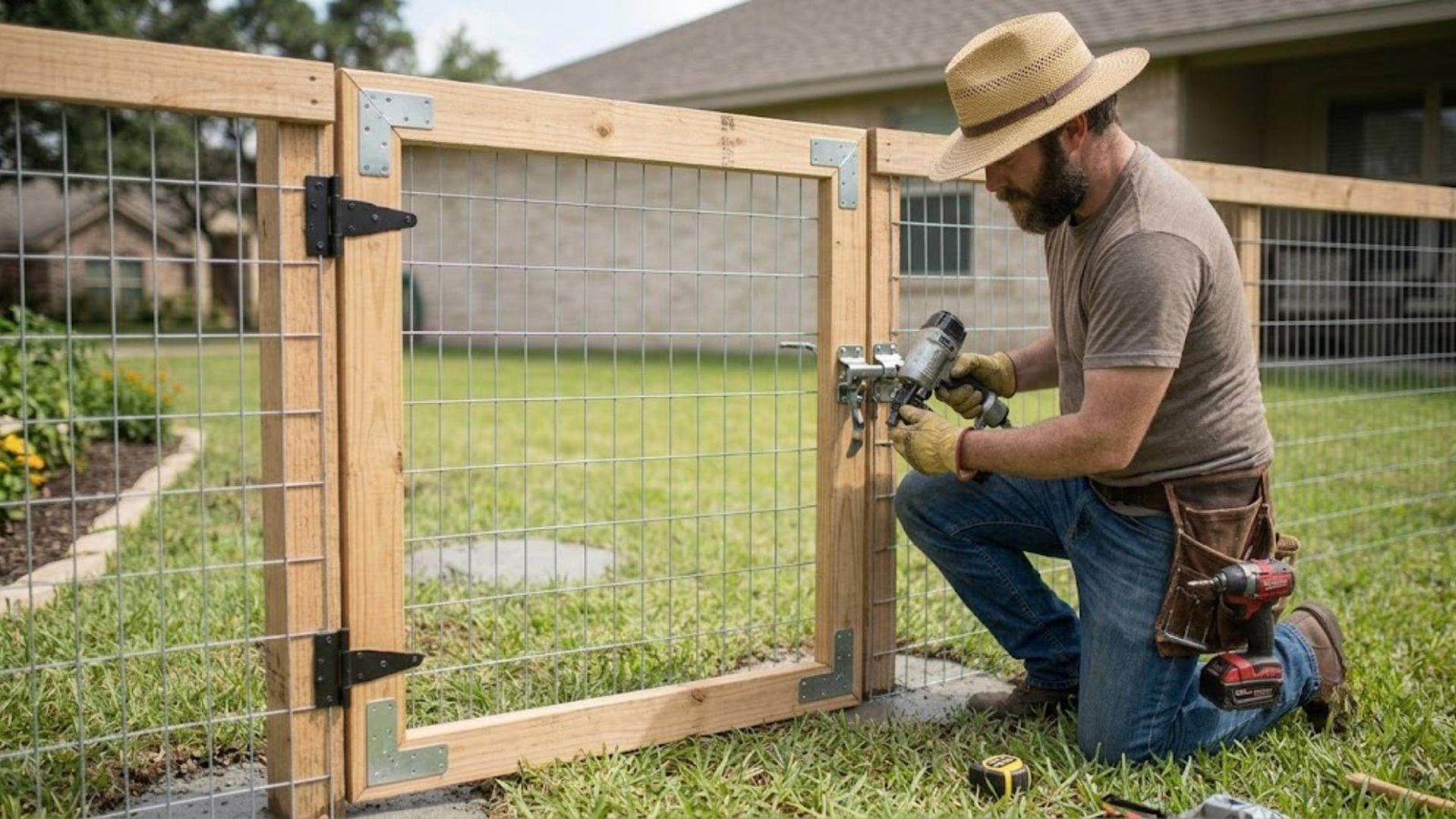 A builder kneels in the grass to install heavy-duty metal hinges on a wooden wire-mesh garden gate.