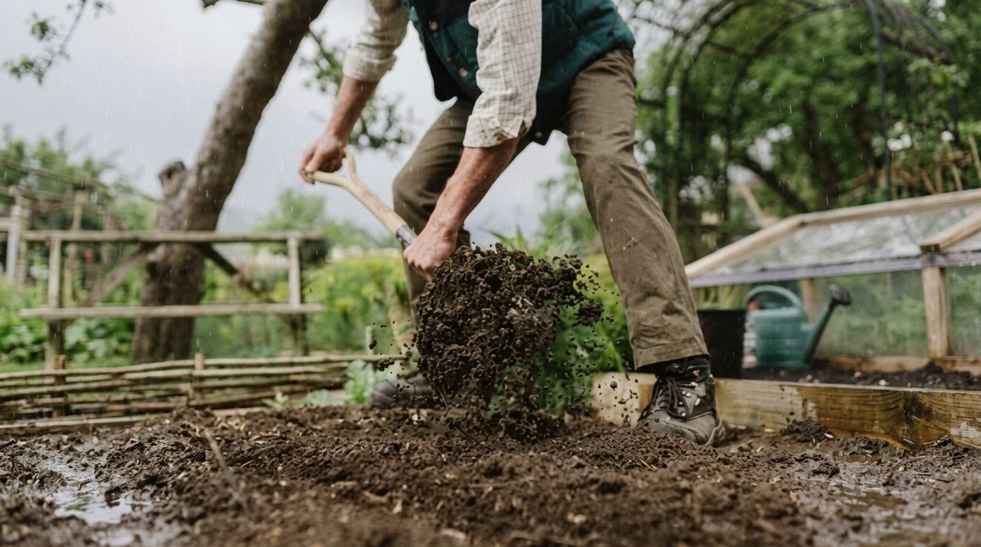 Man digging wet soil with shovel in garden during light rain.