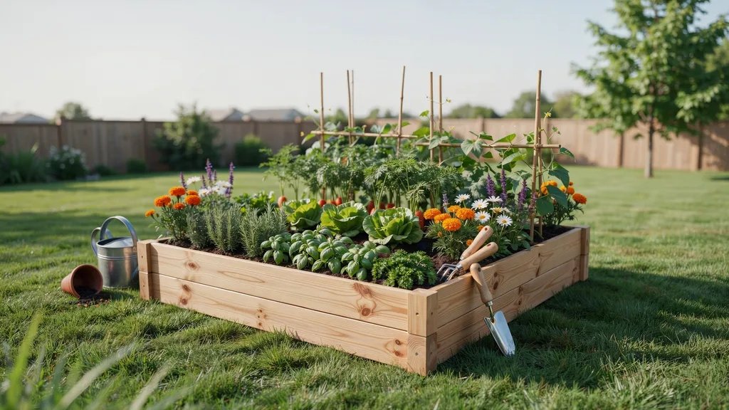 Untreated pine raised garden bed with healthy vegetables, herbs, and colorful flowers in a backyard garden.