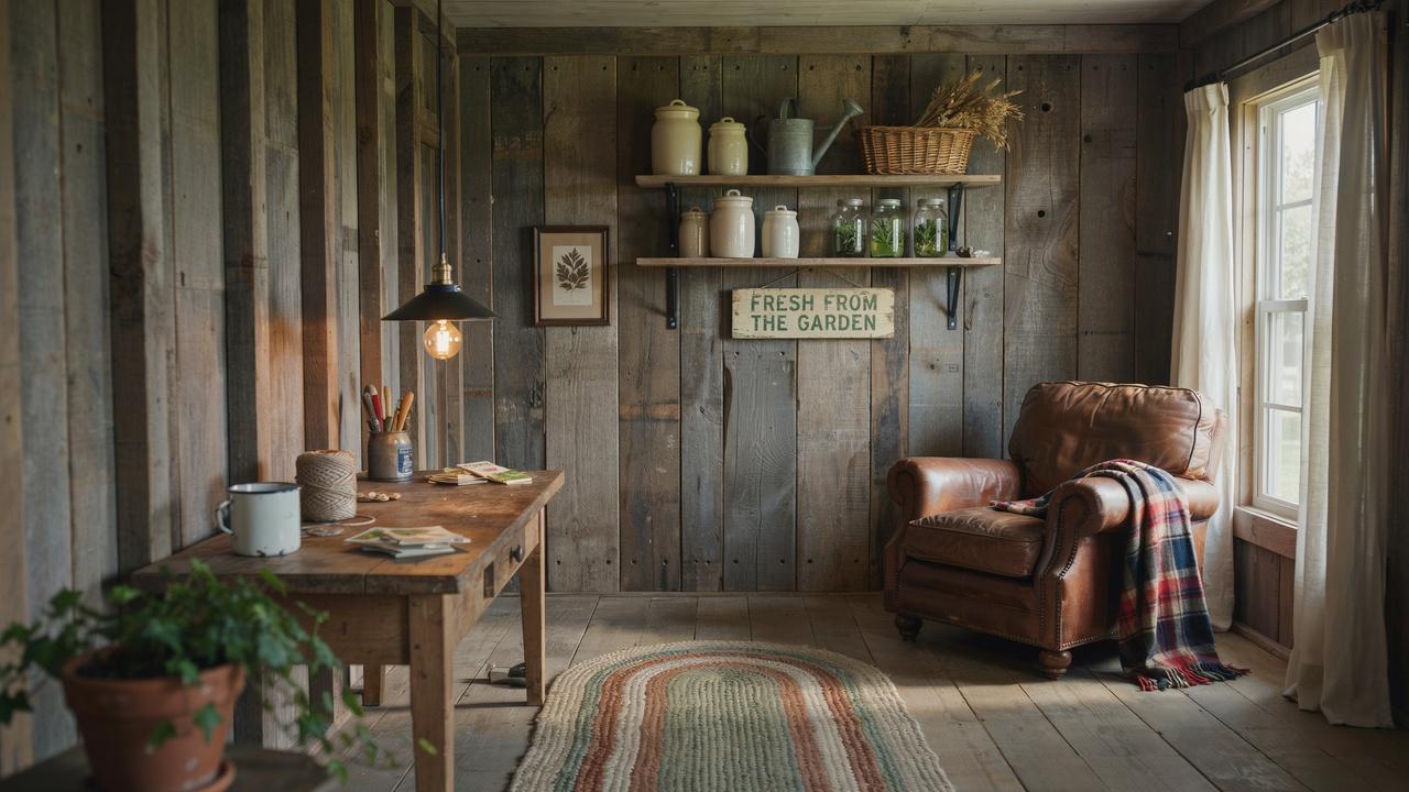 Rustic farmhouse-style 12x16 shed interior.