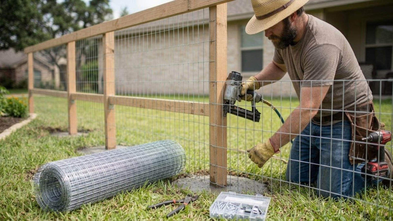 A man uses a staple gun to attach unrolled wire mesh fencing to a newly built wooden frame.