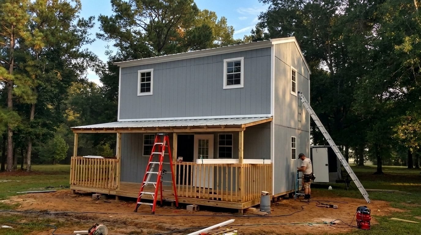 Two story grey shed house under construction with porch, ladders, and worker outside.