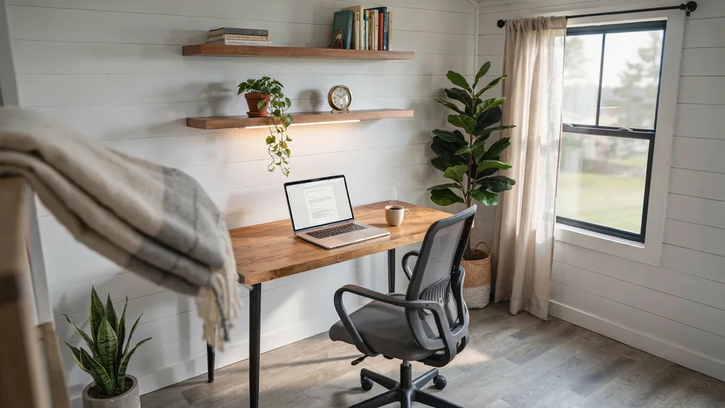 Modern home office inside shed with desk, chair, shelves, and natural light