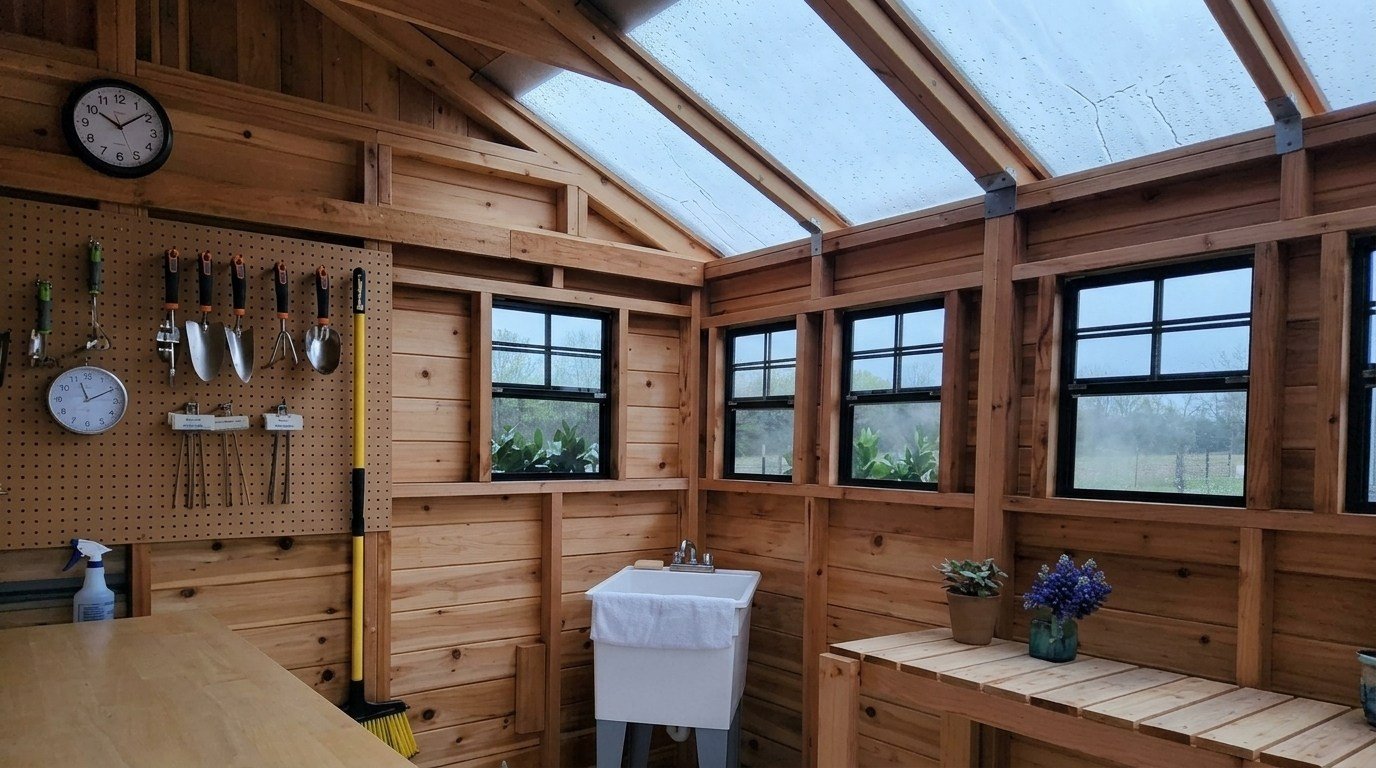Wood shed interior with garden tools on pegboard, sink, benches, windows, and skylight roof.