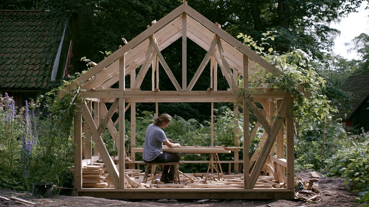 Woman building a gable roofed shed frame, working at a bench inside the timber structure.