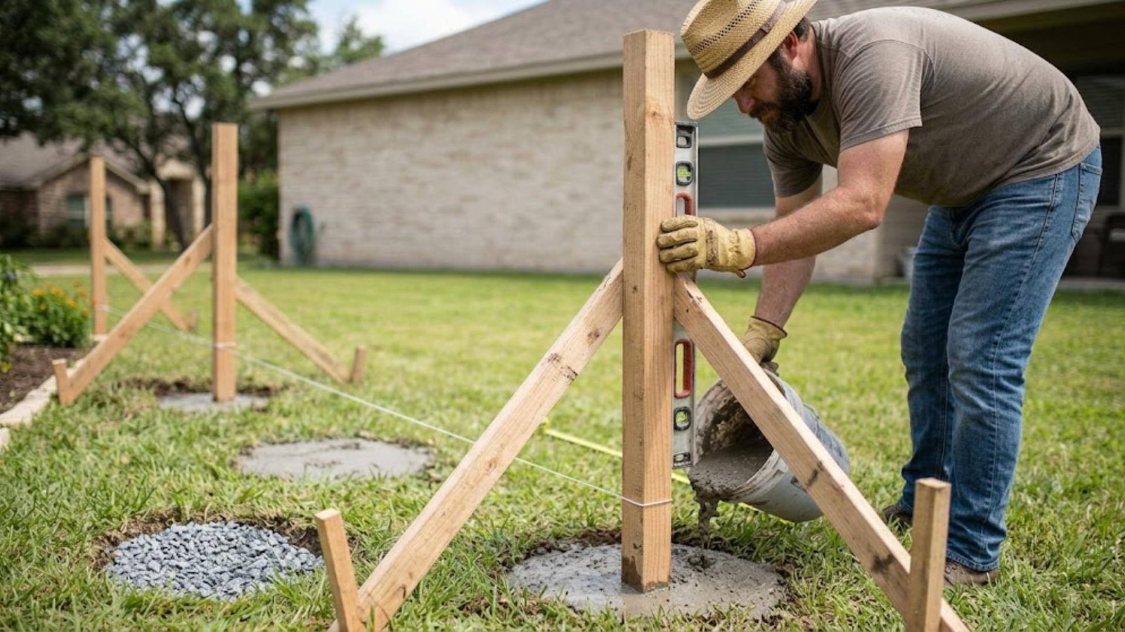 A builder sets a wooden post in fresh concrete, using a level and diagonal wood braces to hold it straight.