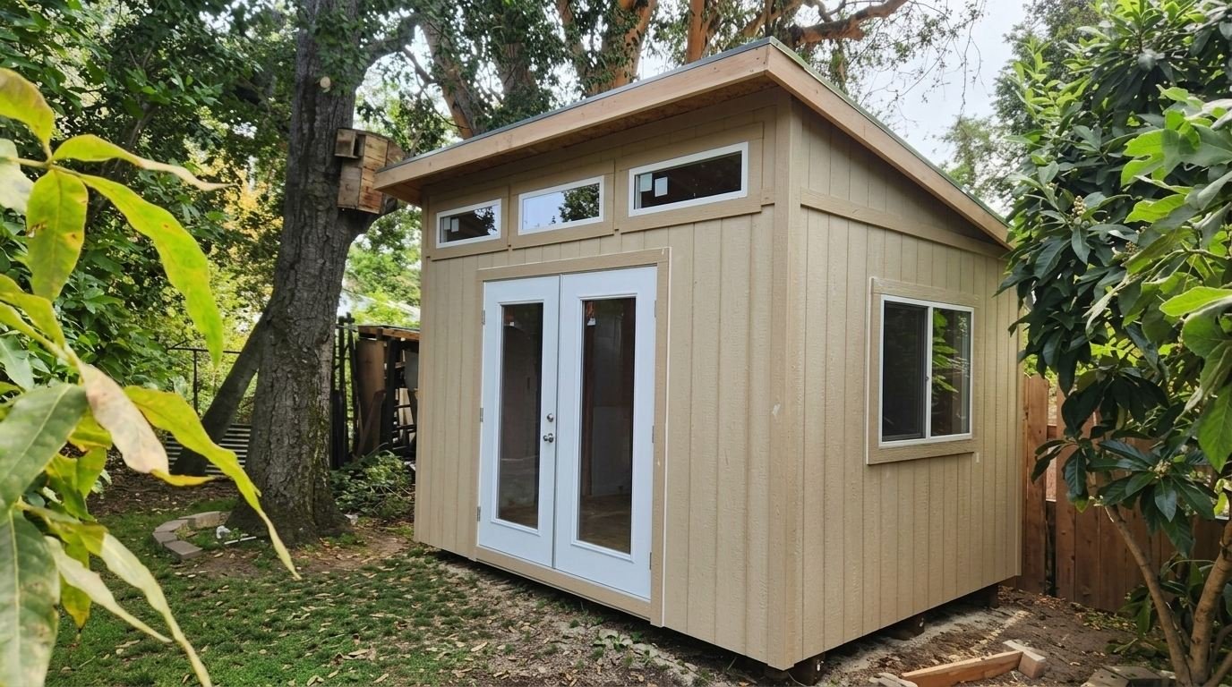 Tan backyard shed with white glass doors, side window, and slanted roof under trees.