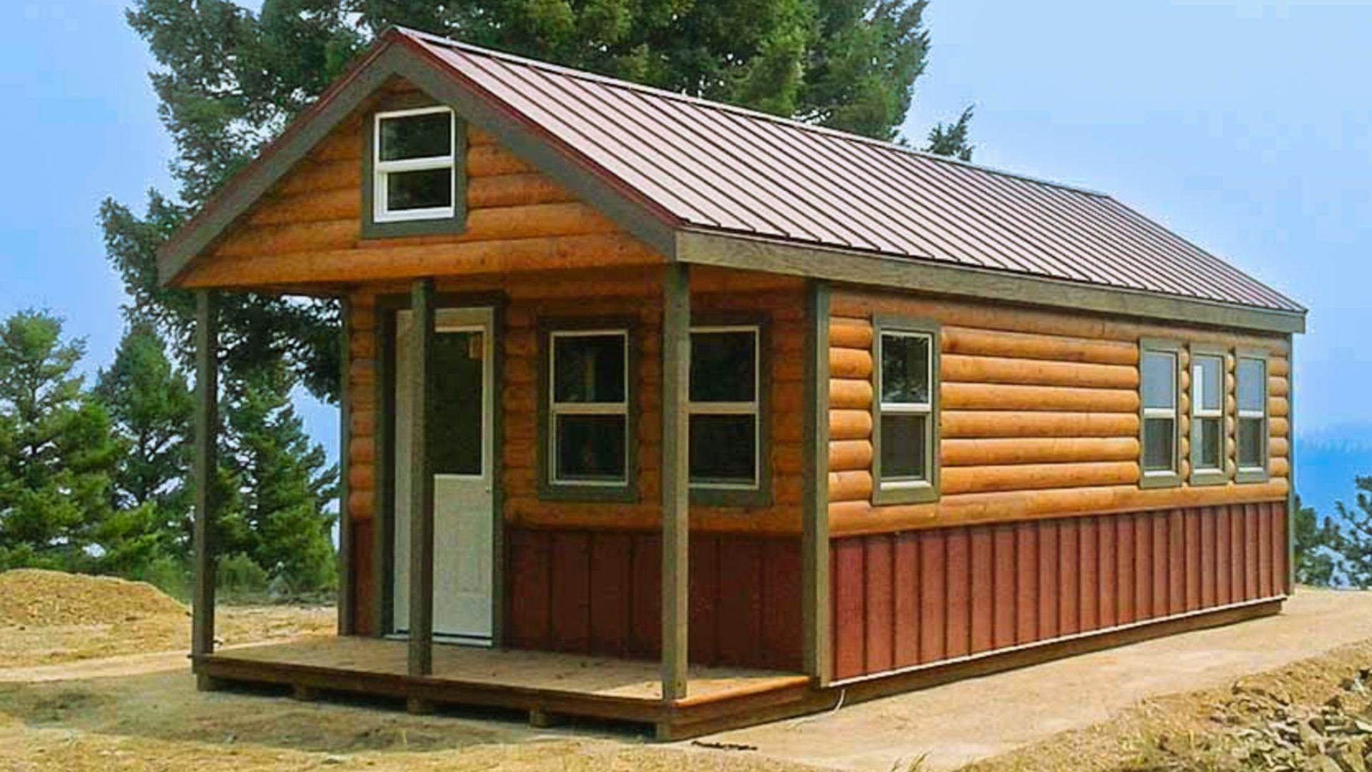 Tiny house roof design - wooden log shed cabin with metal gable roof and high ceilings for spacious interior