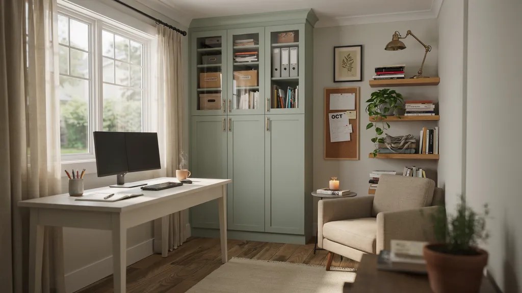 Well-designed inside shed used as a comfortable workspace with organized storage