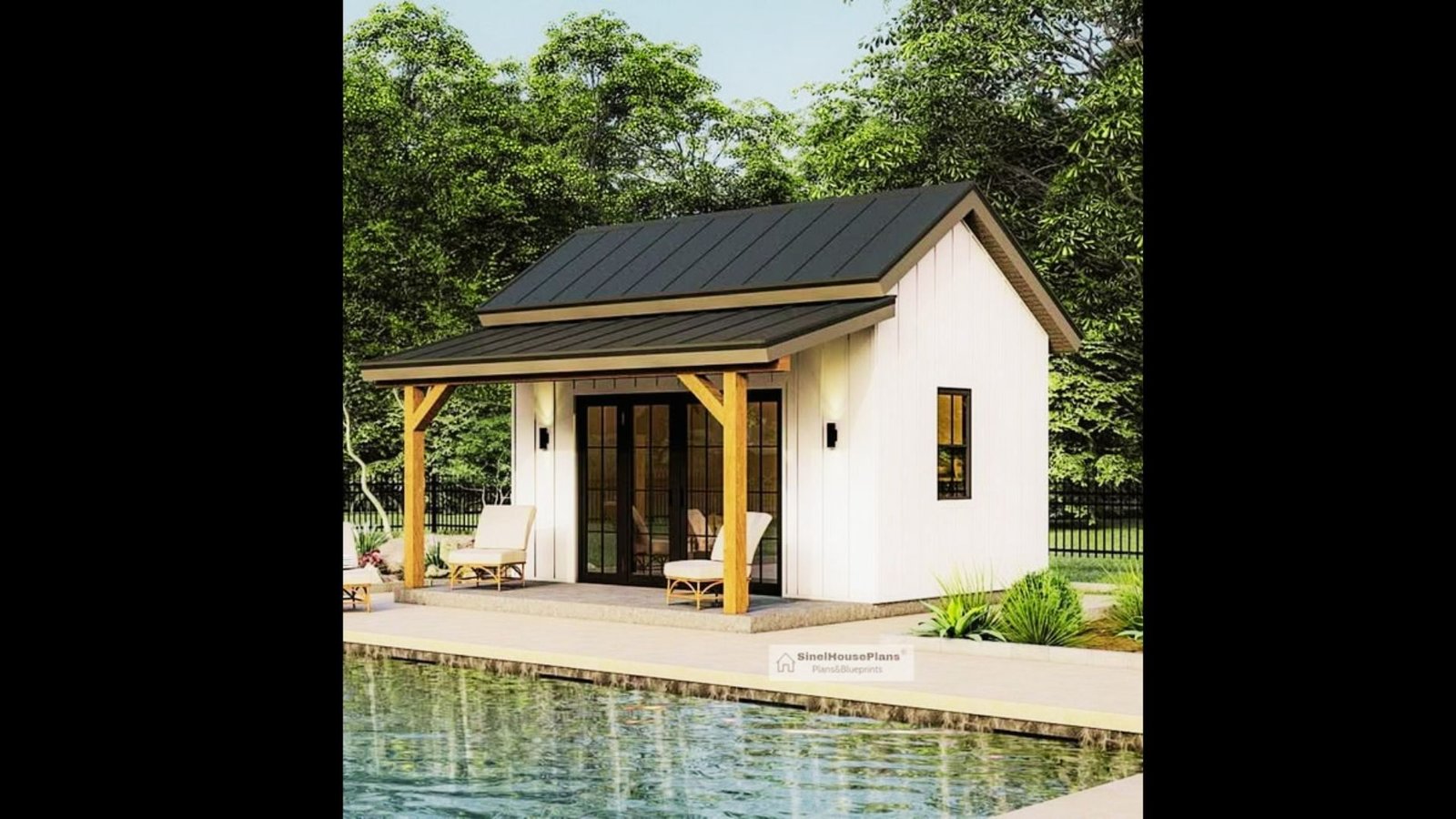 A modern farmhouse-style pool shed with white siding, dark metal roof, timber porch, and black trimmed windows.