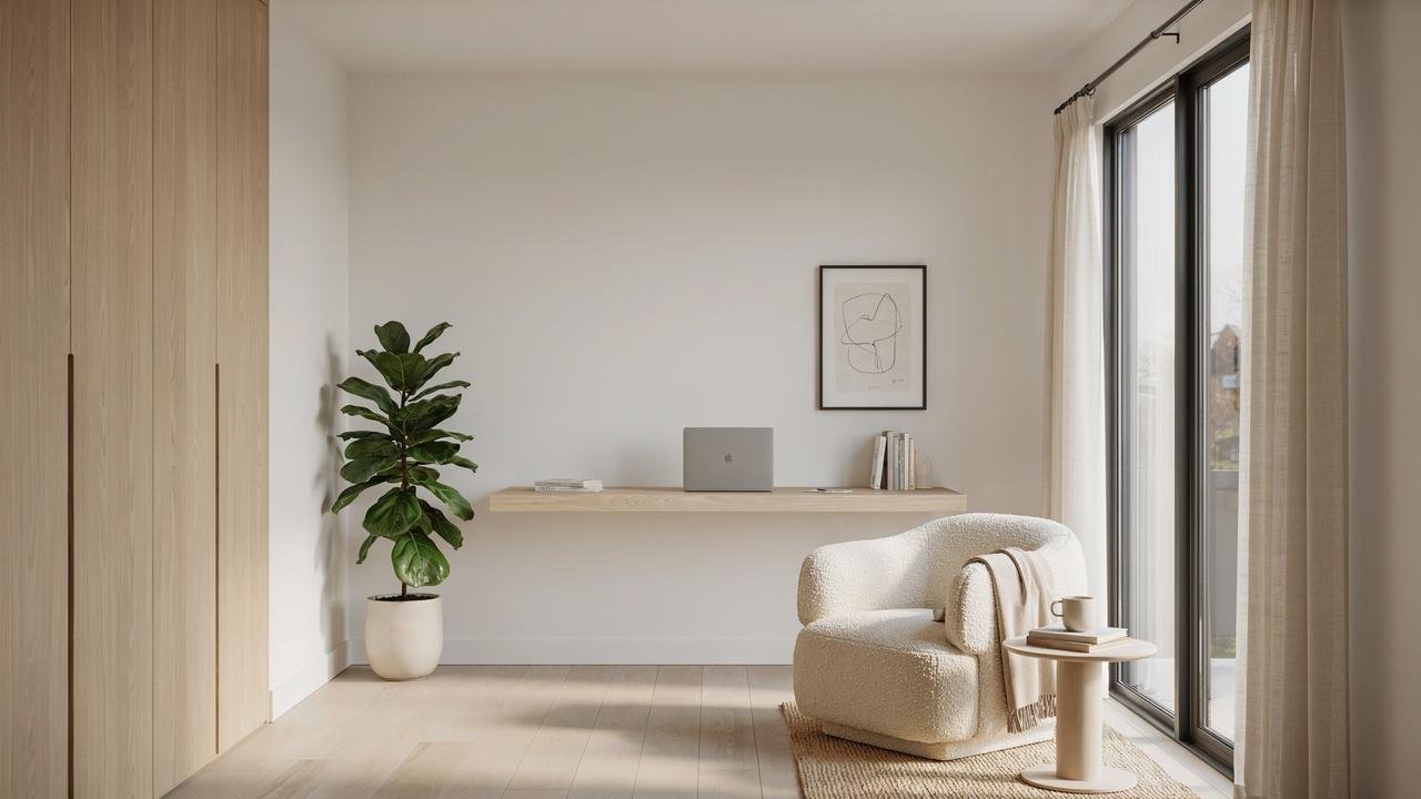 Modern minimalist she shed interior.