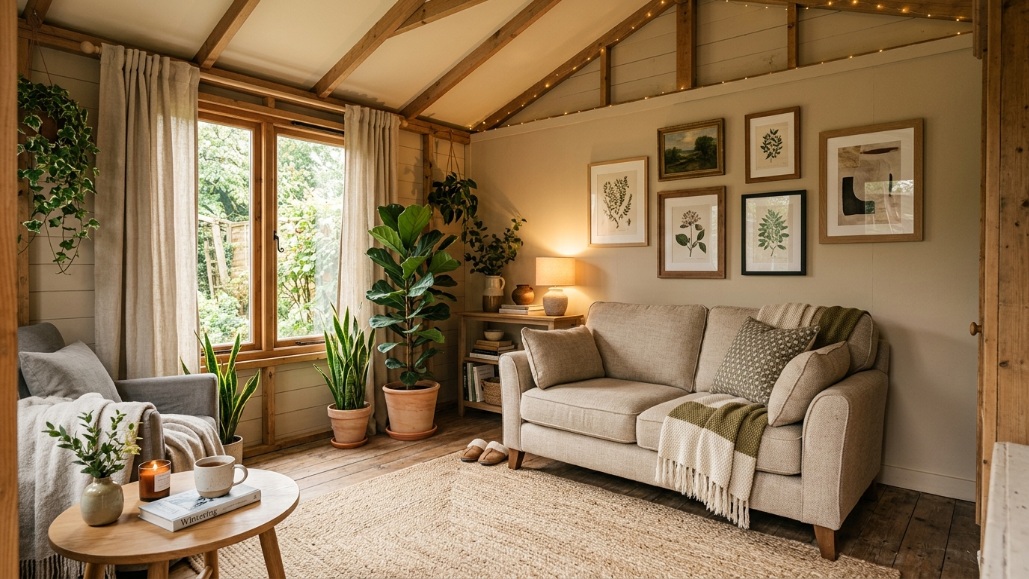 Cozy inside shed decorated with furniture, rugs, plants, and wall art