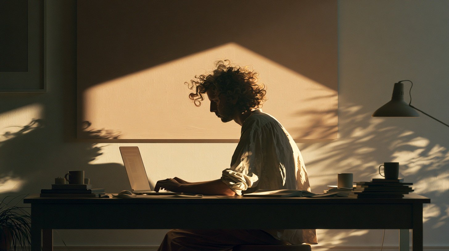 Person working on a laptop at a desk in warm sunlight with wall shadows.