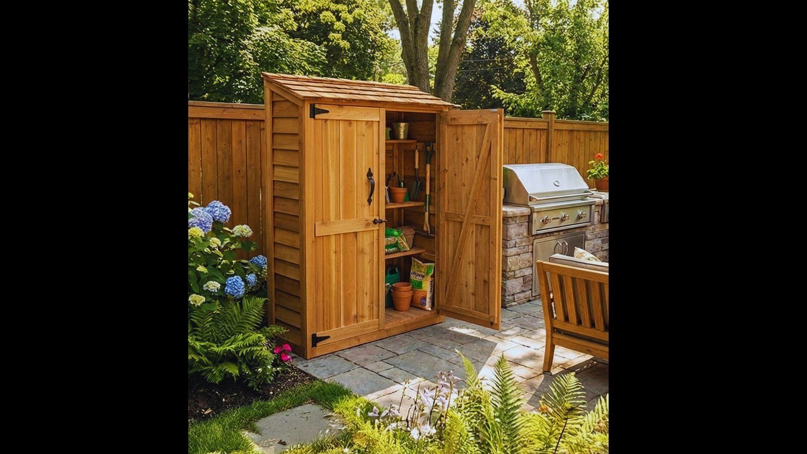 Compact cedar equipment shed with open doors revealing garden tools on a stone patio.