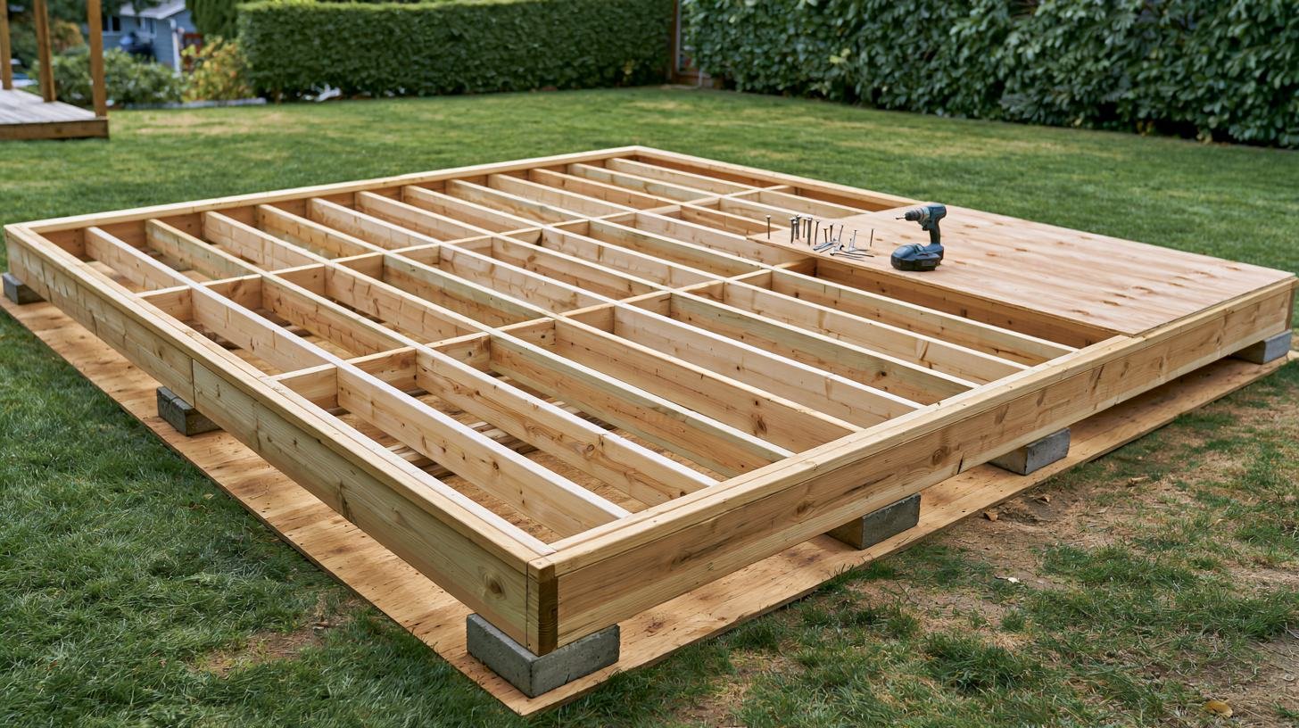 Wooden shed floor frame with closely spaced joists on concrete blocks, plywood partly laid.