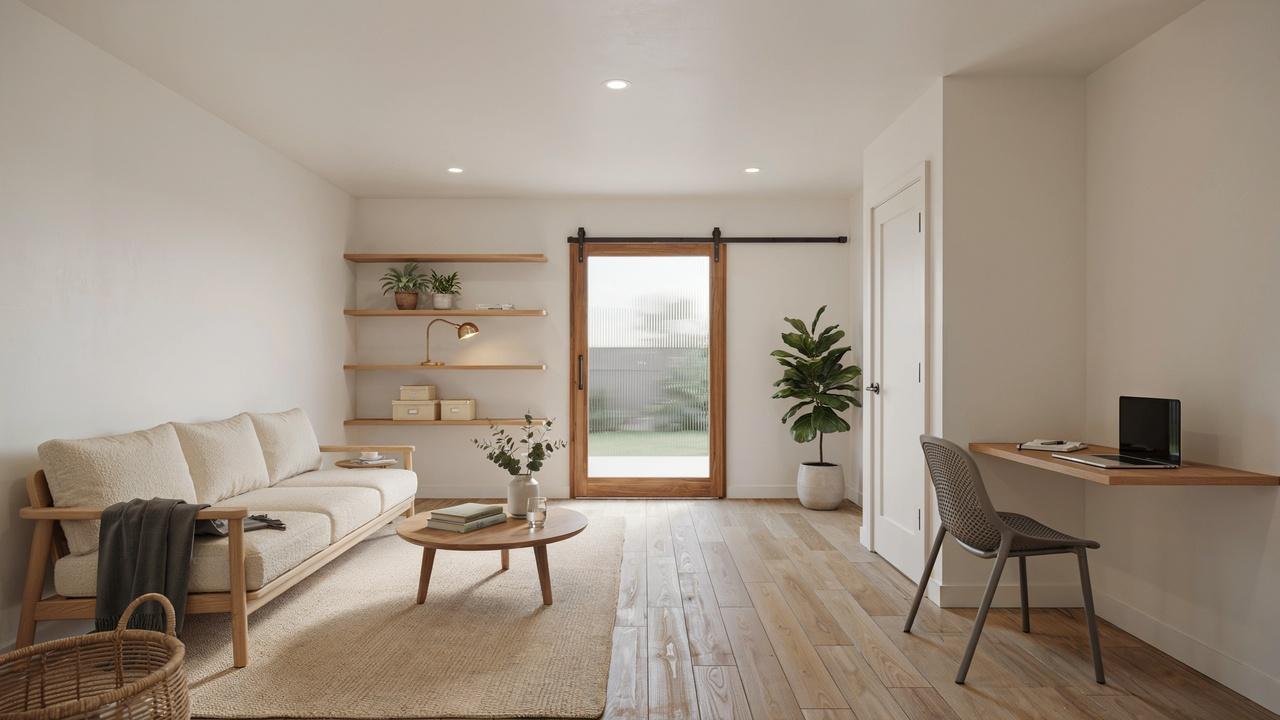 Open-concept layout inside a 12x16 shed.