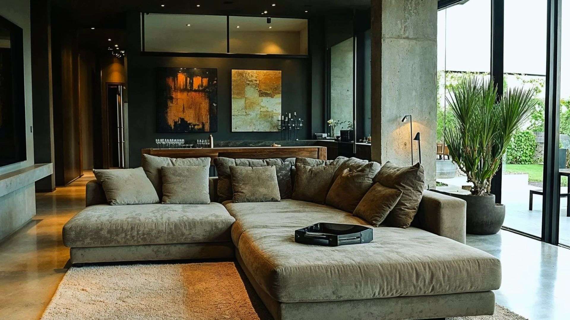 Industrial shed tiny house with black metal accents - concrete pillar, dark walls, L-shaped sofa and black window frames