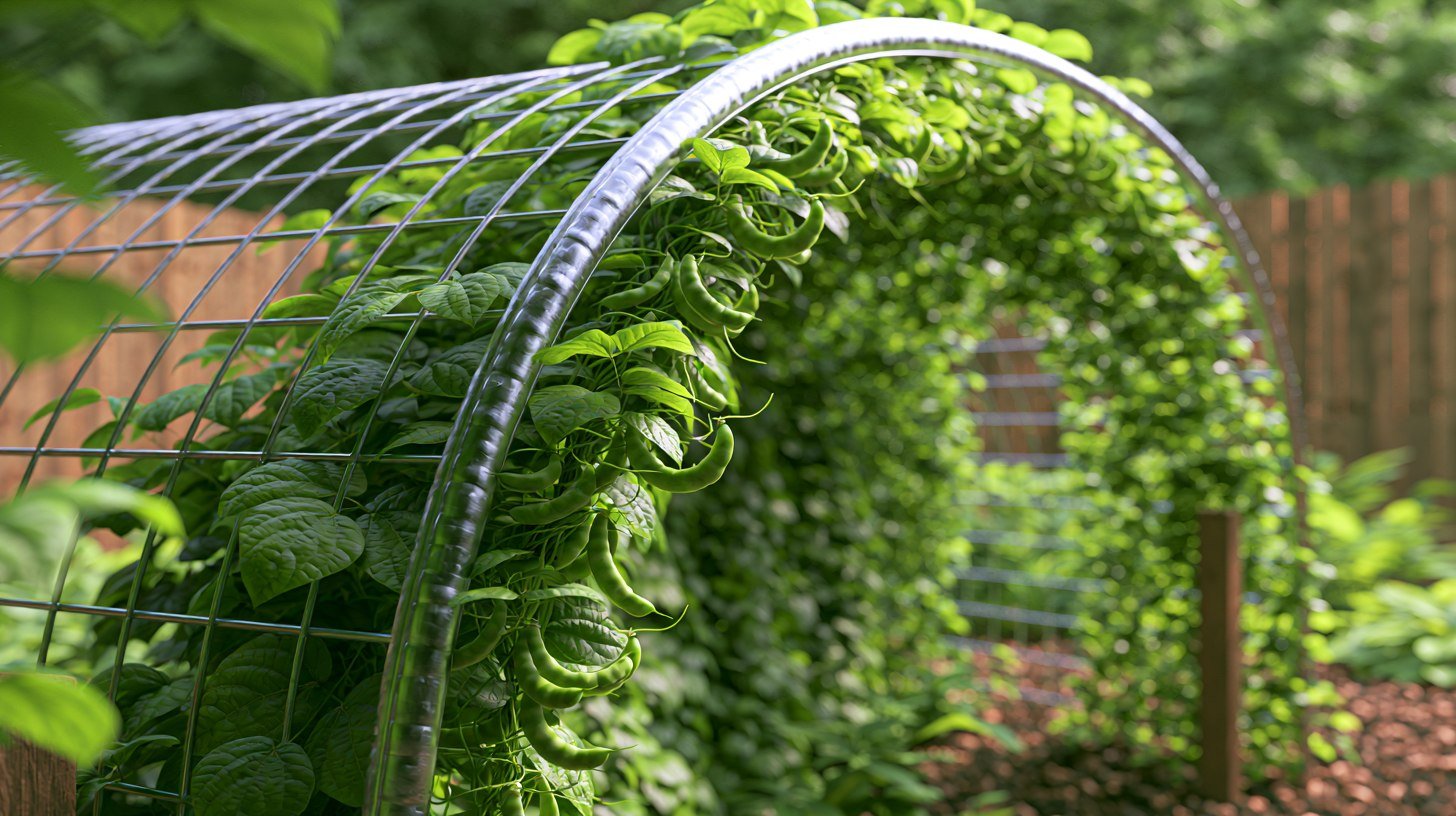 Natural curved shape of a cattle panel arch supporting climbing plants.