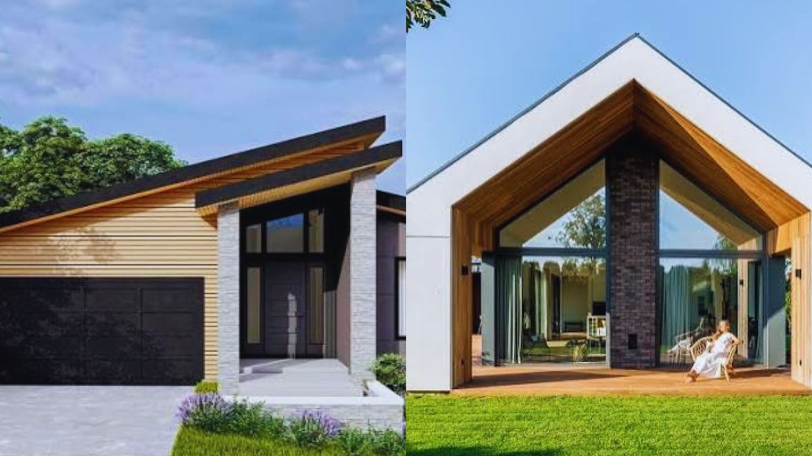Side by side comparison of gable roof house and shed roof house.