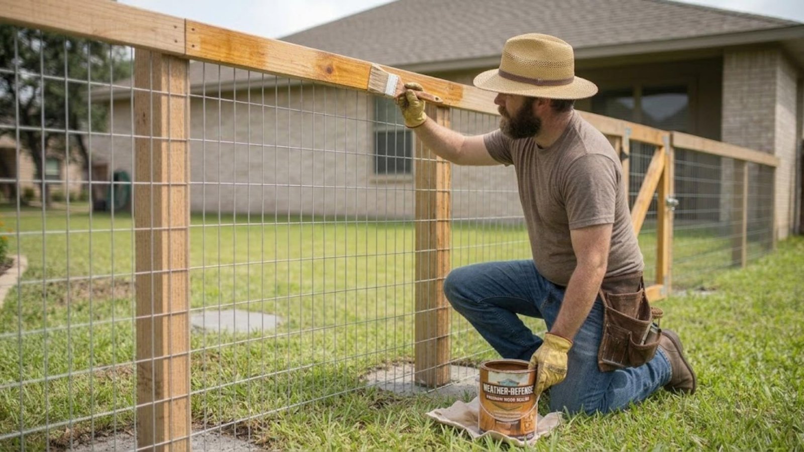 A man kneels on the lawn and uses a paintbrush to apply weather-resistant sealant to the top wooden fence rail. 
