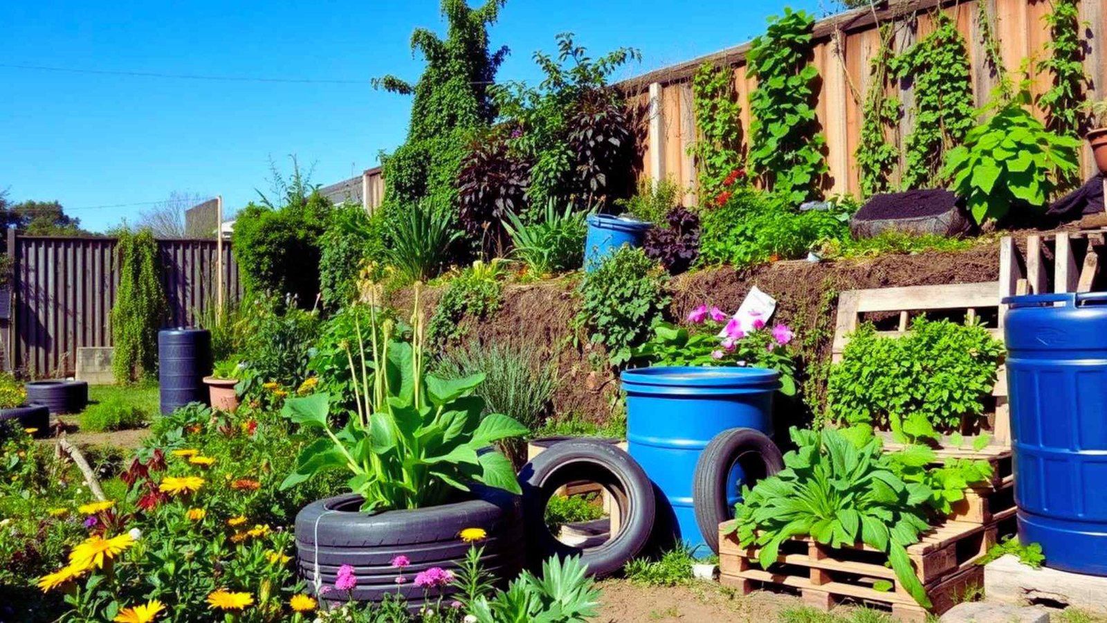 Colorful permaculture garden with plants in recycled tires, pallets, and blue barrels