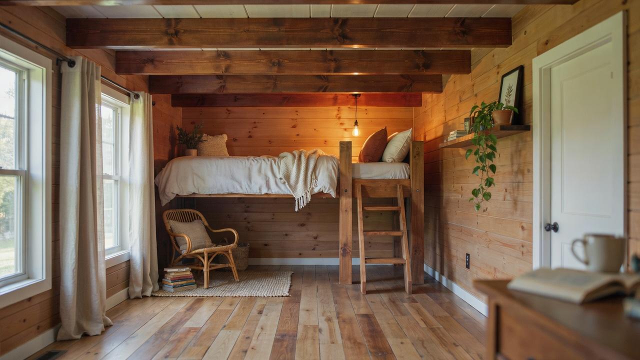 Sleeping loft inside a 12x16 shed.