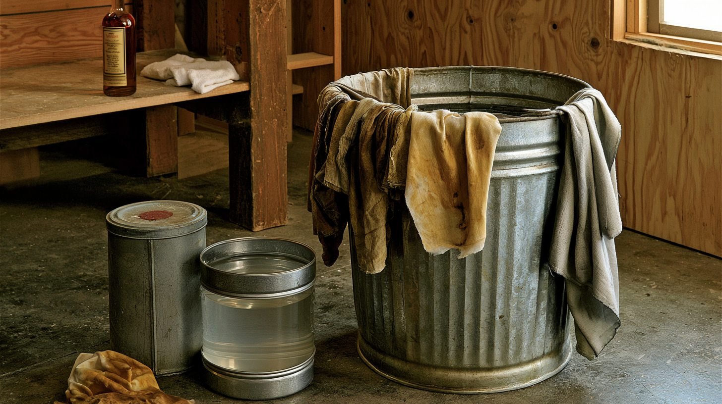 Oily rags draped flat over a metal trash can rim beside a water can.