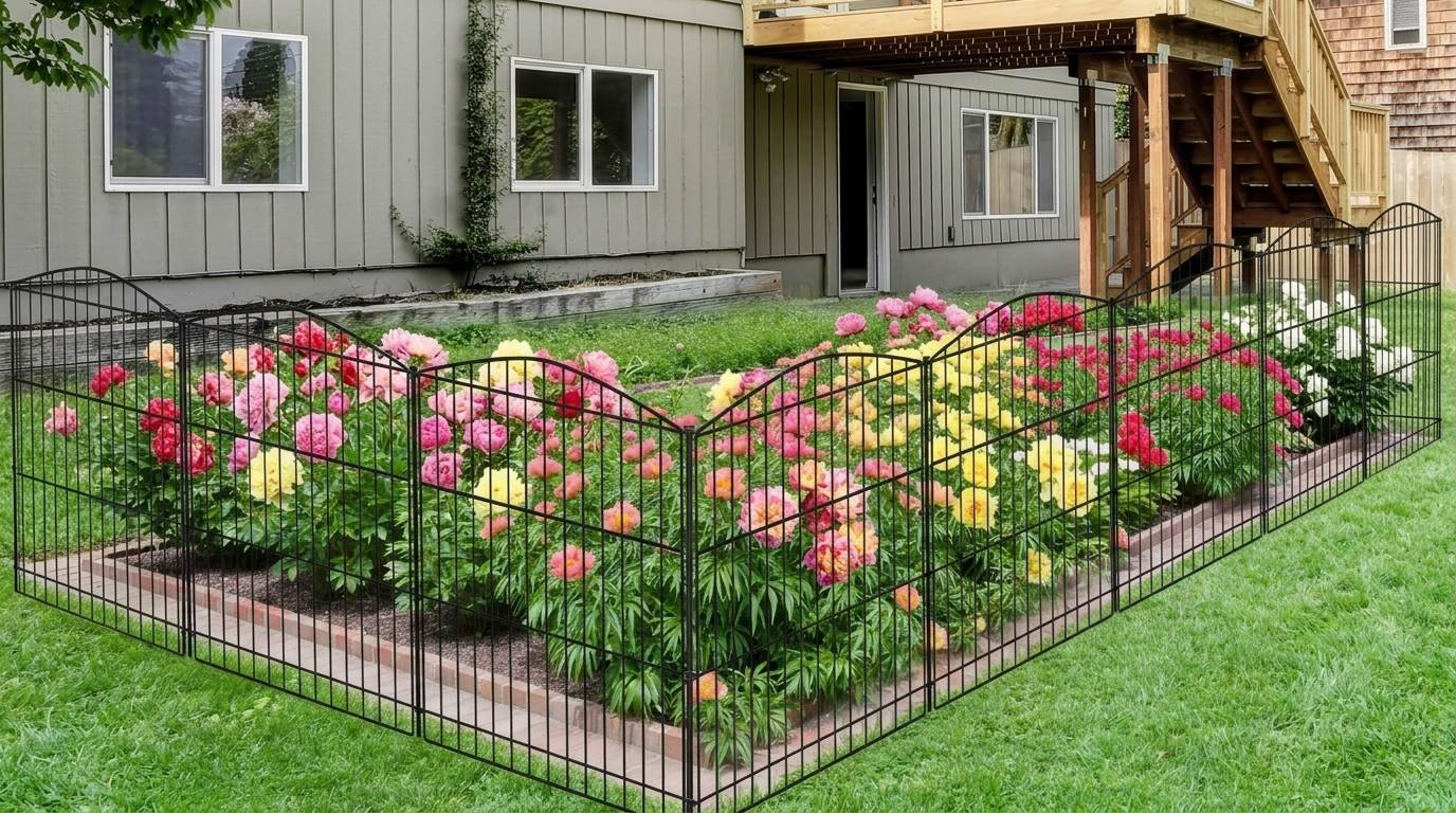 Simple wire garden fence surrounding a garden with colorful flowers blooming along the fence line.